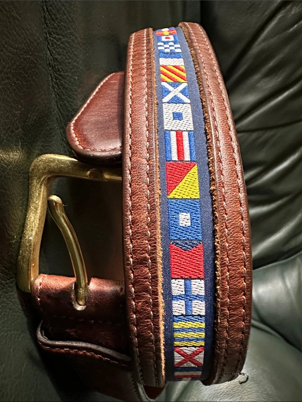 Brighton Brown Leather Belt with Blue Nautical Ribbon